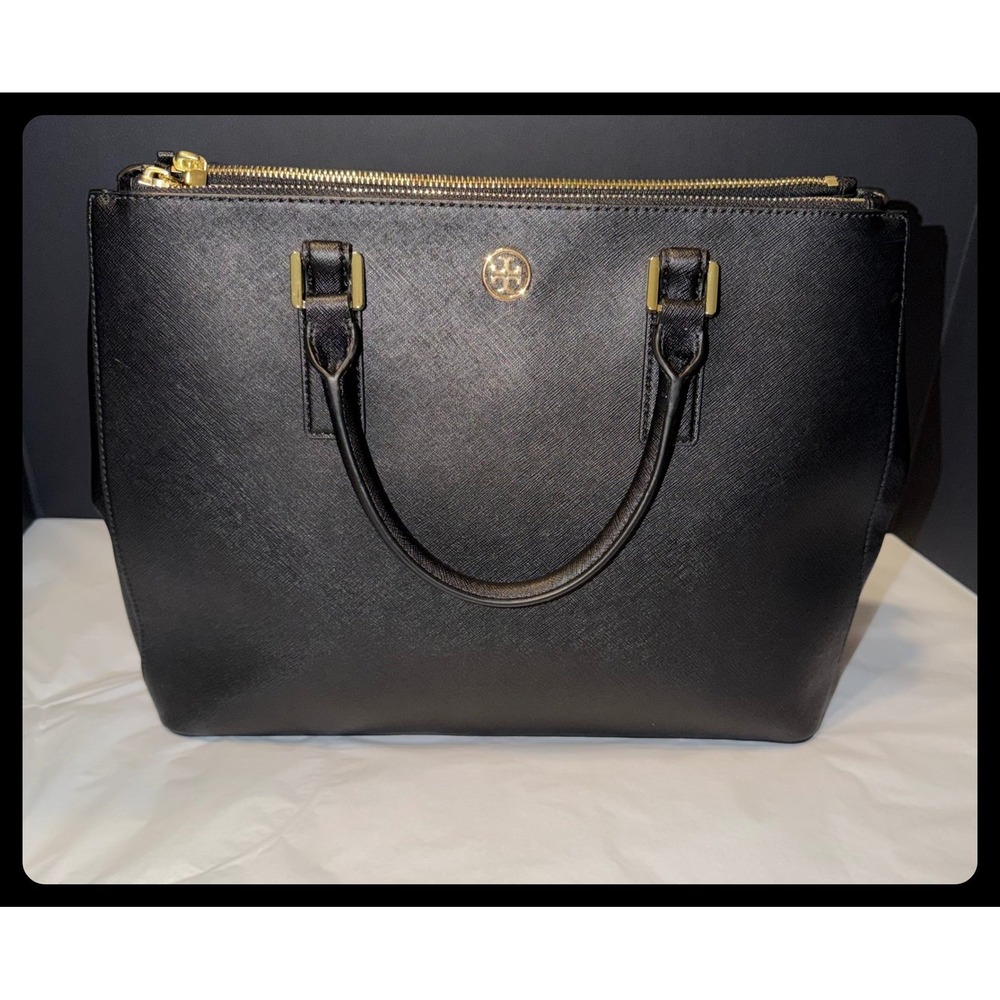 Tory Burch Robinson Tote Womens Medium Black Saffiano Leather Satchel Handbag